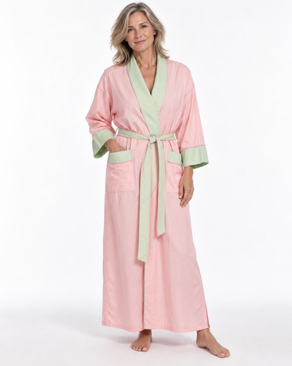 Vintage Fernando Sanchez Pink Mint Robe Small Belted 3/4 Sleeve